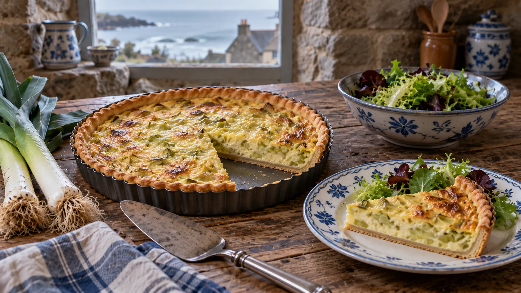 Quiche aux poireaux dorée dans son moule, une part manquante servie avec de la salade sur une assiette en faïence bleue et blanche, montrant la garniture prise sur une pâte fine