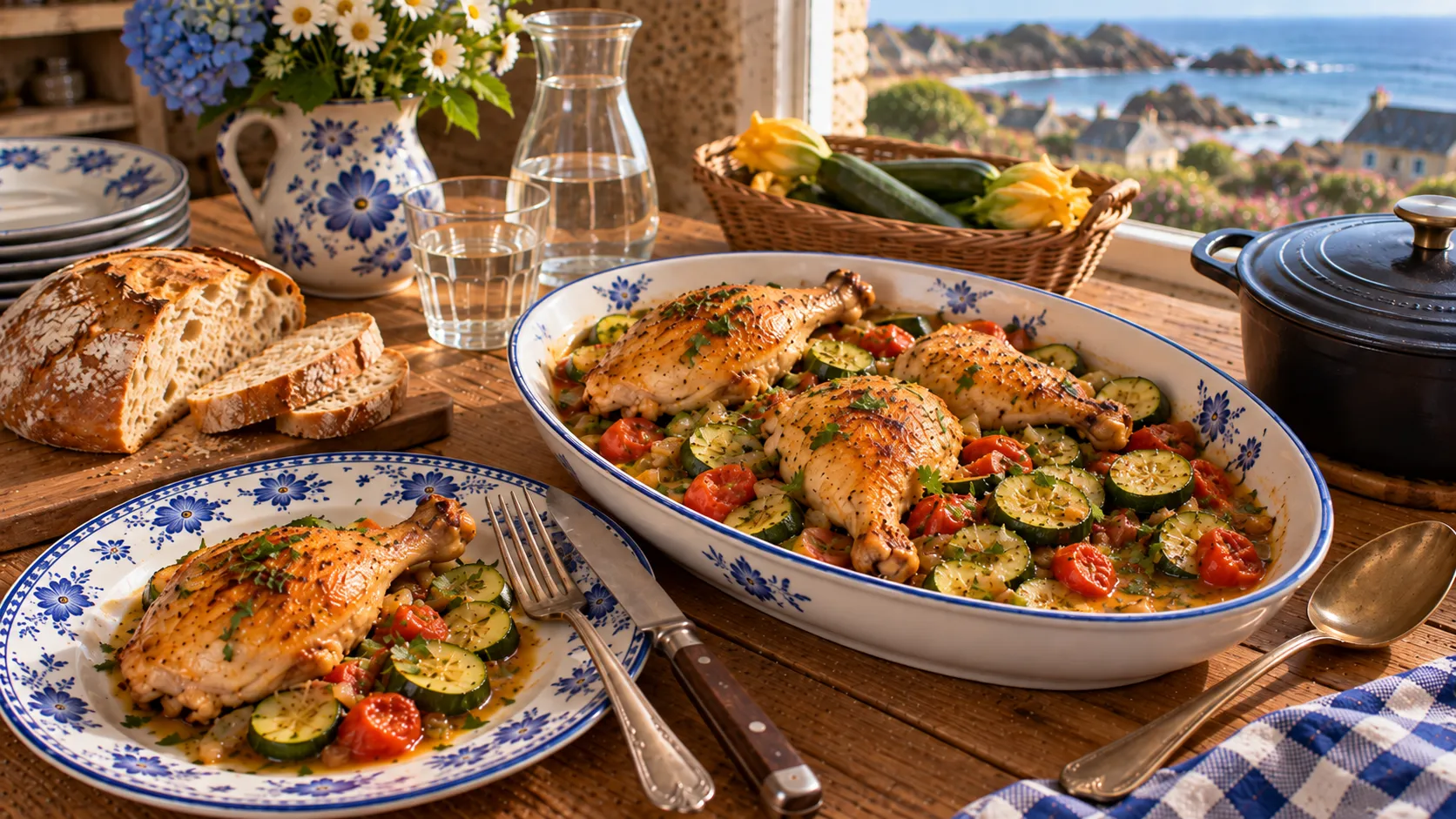 Légumier de rondelles de courgette et de tomates fondues avec trois cuisses de poulet dorées et du persil haché, une cuisse servie sur une assiette en faïence bleue, pain et carafe d'eau