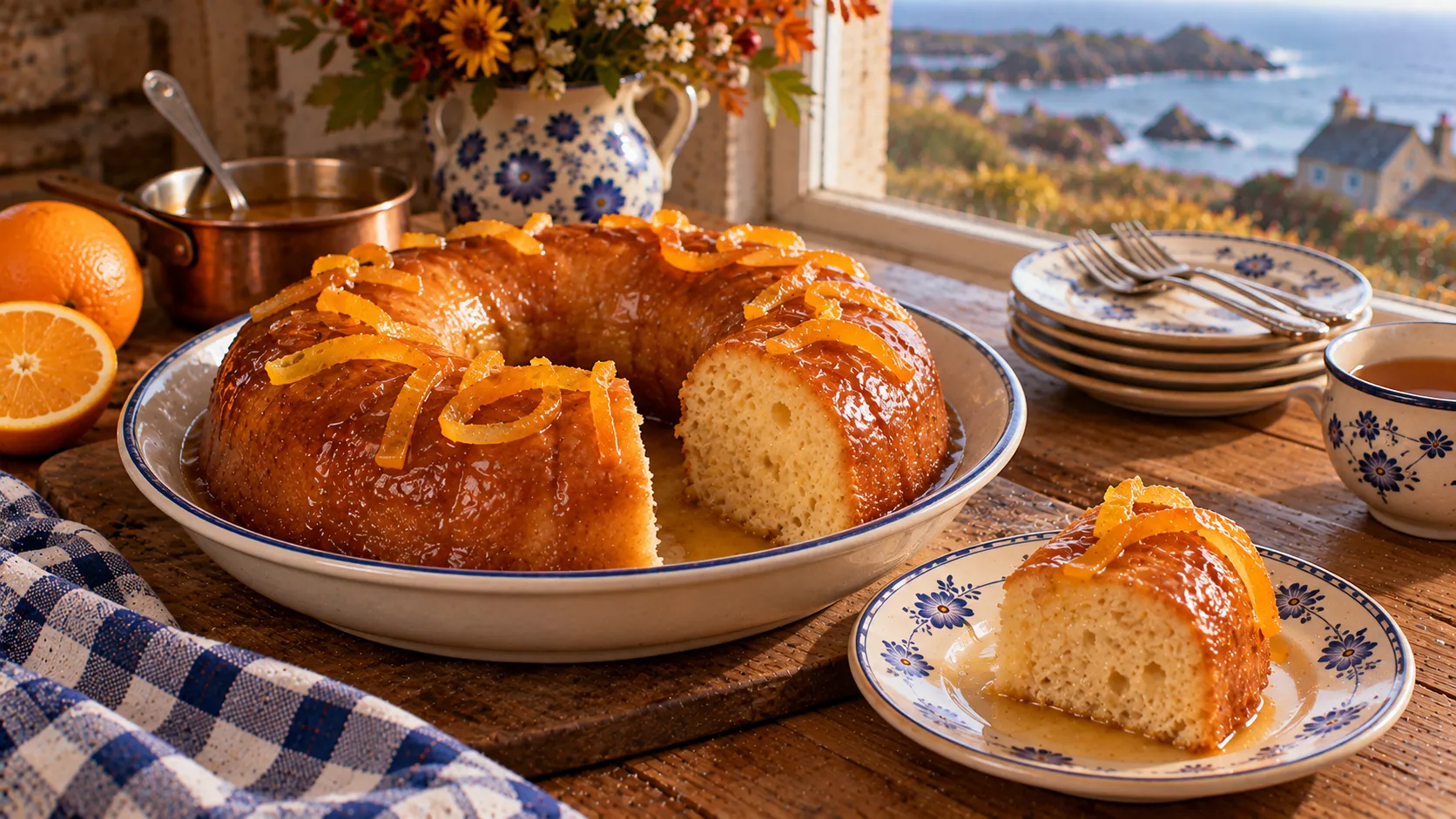 Gâteau baba en couronne luisant de sirop dans un plat creux à liseré bleu, rubans de zeste d'orange, une part coupée sur une assiette montrant la mie imbibée, tasse de thé et côte bretonne