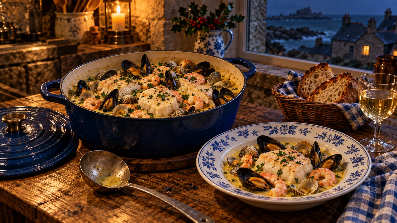 Marmite bleue de lotte, crevettes décortiquées, moules et coques ouvertes dans un bouillon crémeux doré au curry, persil haché, assiette servie, pain grillé et verre de vin blanc