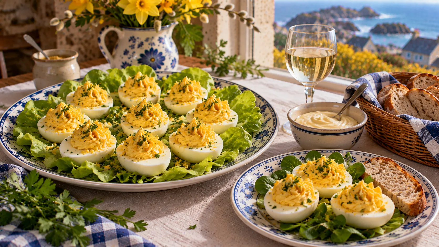 Plat d'œufs mimosa sur laitue beurre, rosaces jaunes saupoudrées de jaune émietté et de persil, assiette de trois demi-œufs sur mâche, mayonnaise, pain et vin blanc