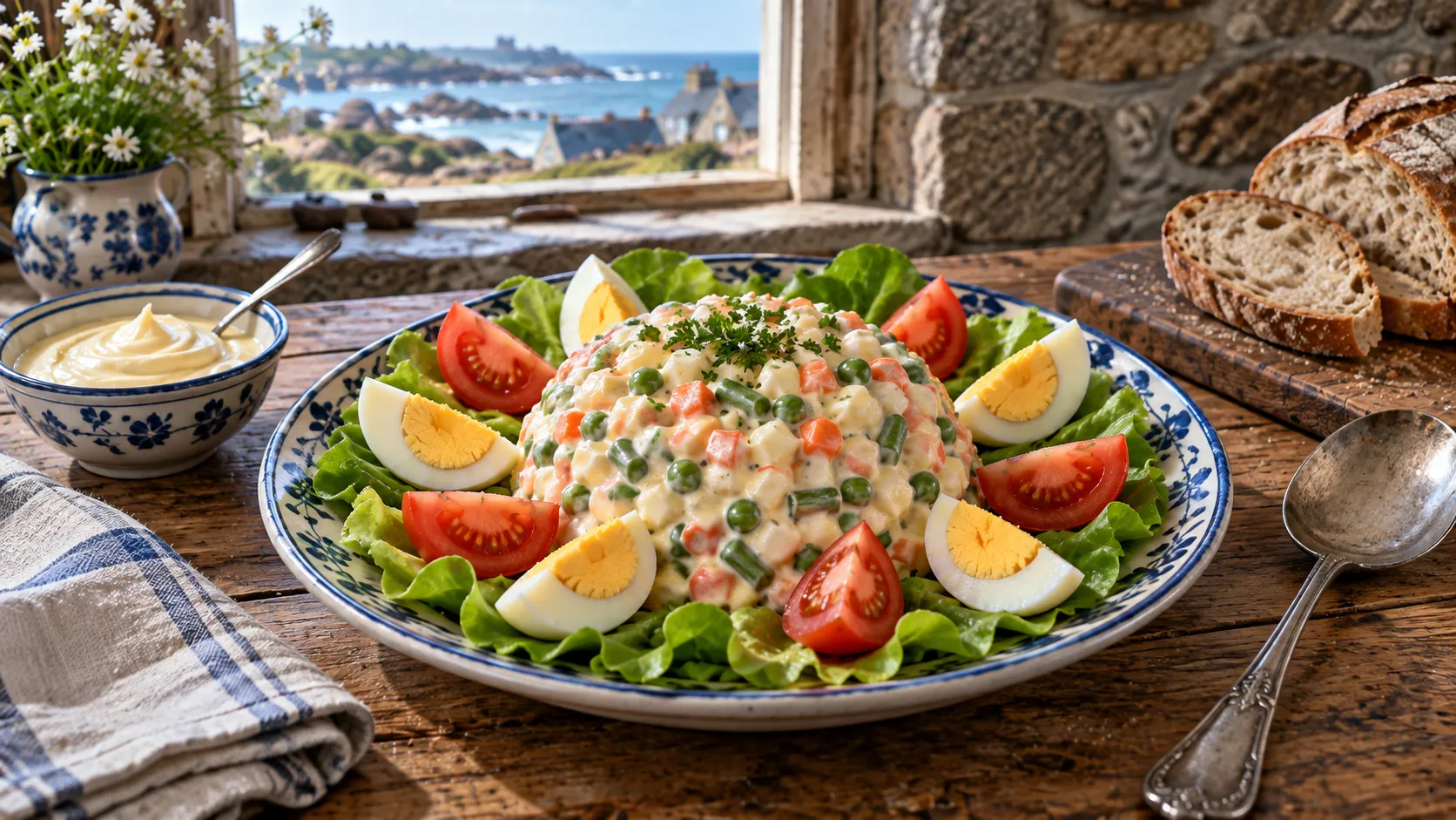 Macédoine de légumes à la mayonnaise dressée en dôme sur des feuilles de laitue, entourée de quartiers d'œufs durs et de tomates, persil haché, bol de mayonnaise et pain de campagne