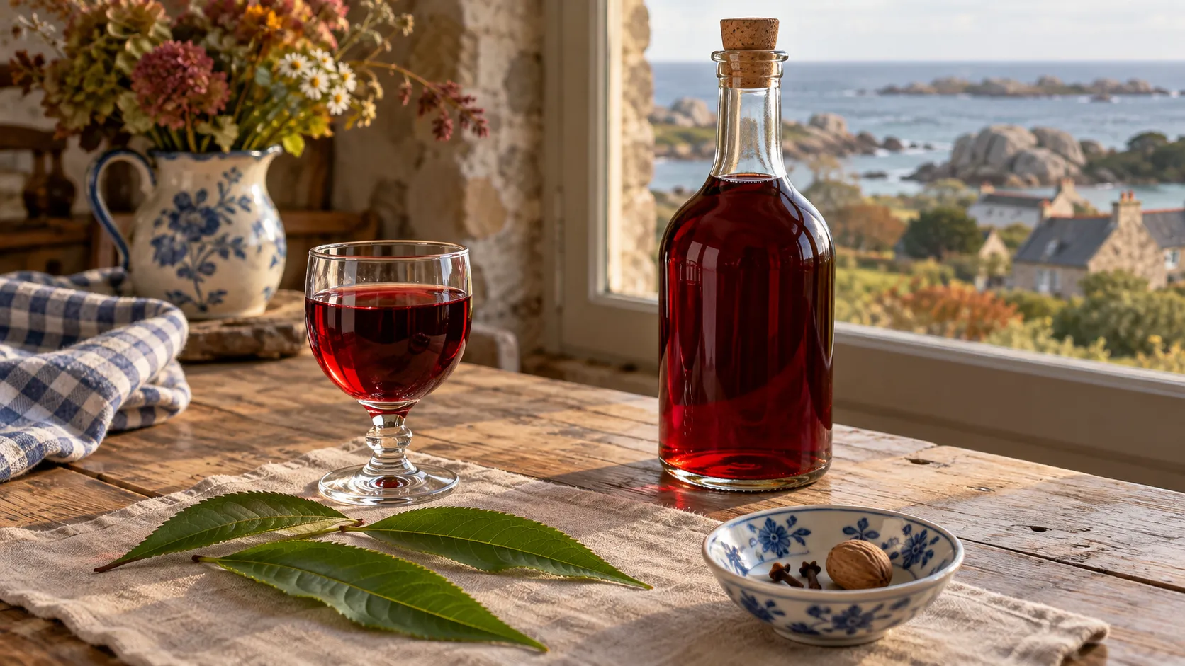 Verre à pied de vin de pêche rouge grenat à côté d'une bouteille bouchée de liège, trois feuilles de pêcher sur un torchon de lin, coupelle de clous de girofle et noix de muscade