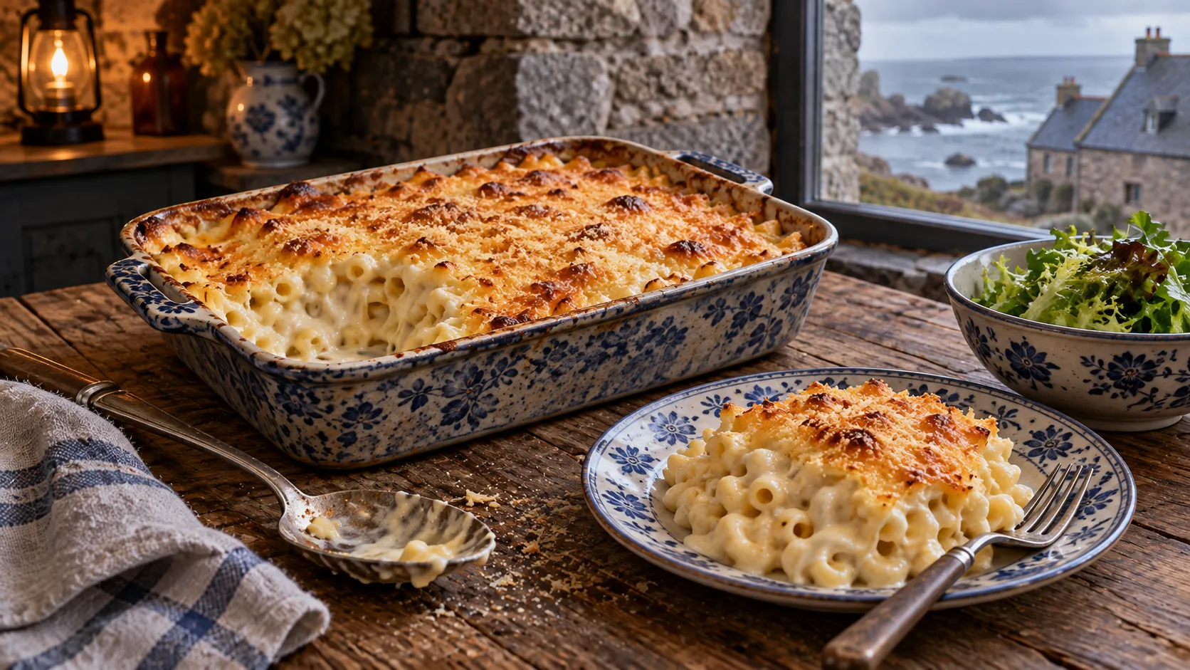 Gratin de macaronis à la béchamel dans son plat, croûte de fromage dorée, une part prélevée dans un angle et servie sur une assiette en faïence bleue et blanche, saladier de salade verte