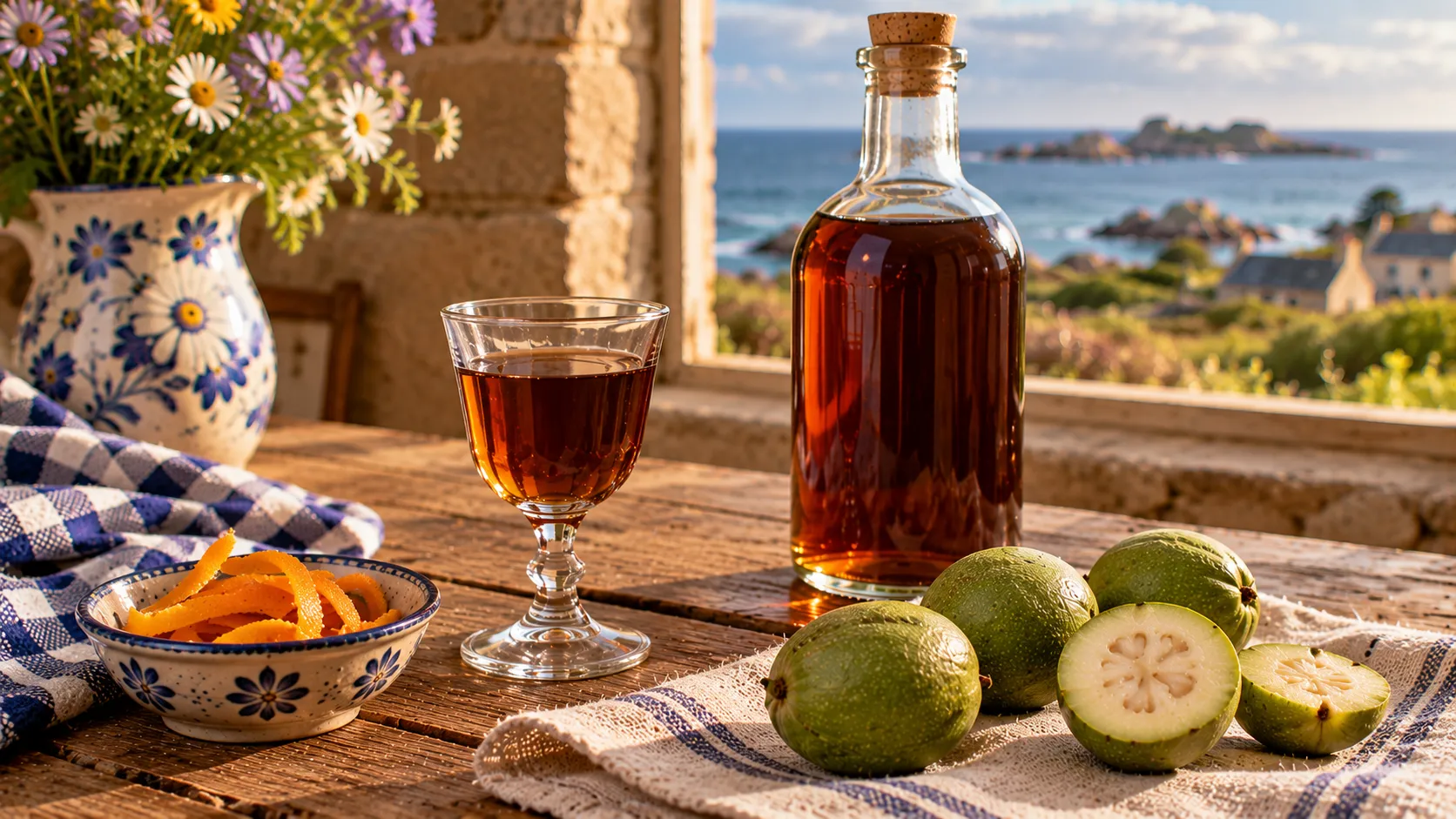 Petit verre à pied de vin de noix brun acajou à côté d'une bouteille bouchée de liège, noix vertes entières et coupées sur un torchon de lin, coupelle d'écorces d'orange