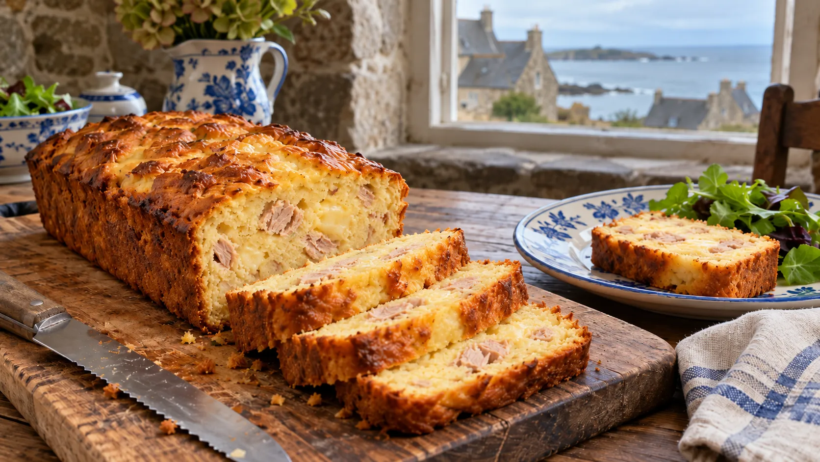 Cake au thon doré sur une planche en bois, entamé d'un côté, trois tranches à la mie claire parsemée de thon, une tranche servie avec de la salade sur une assiette en faïence bleue et blanche
