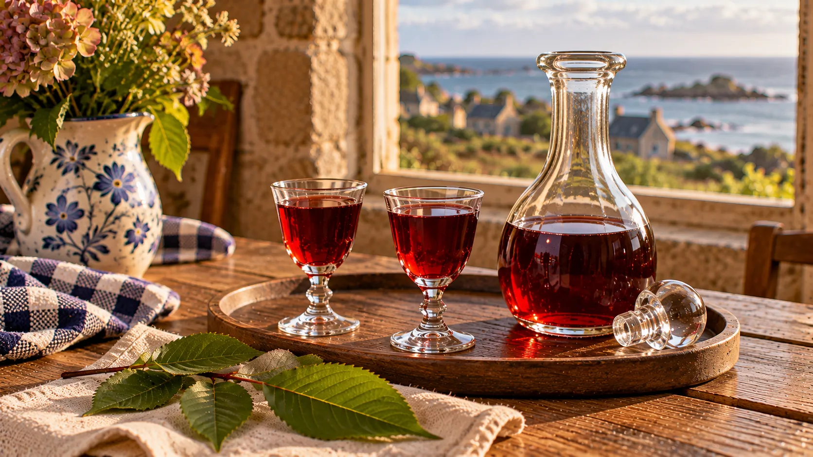 Deux petits verres à pied de guignolet rouge rubis et une carafe à moitié pleine sur un plateau en bois, bouchon posé à côté, feuilles de guignier sur un torchon de lin