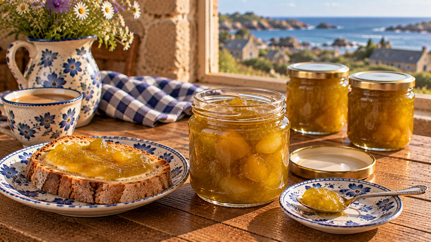 Pot ouvert de confiture de reine-claude dorée aux demi-prunes fondantes, couvercle retourné, petite cuillère sur une soucoupe en faïence bleue, tartine et deux pots fermés