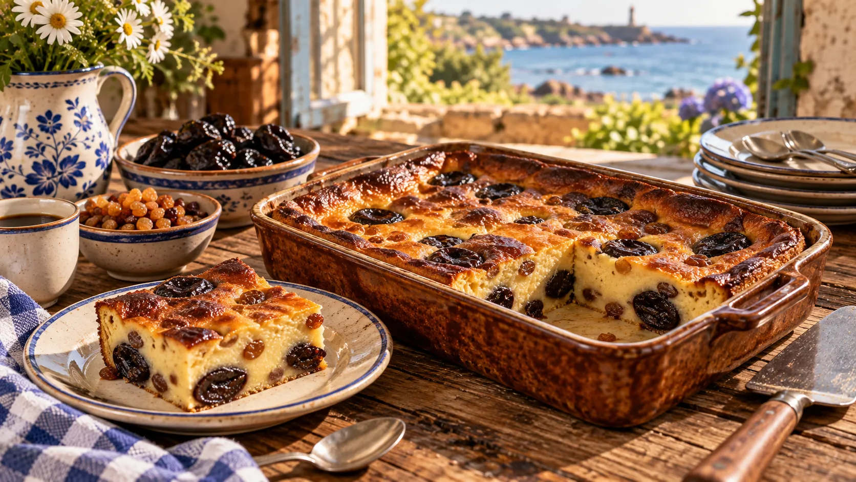 Far breton cuit dans son plat en terre, dessus bien bruni, découpé en carrés, une part sur une assiette montrant la texture dense et les pruneaux, bols de pruneaux et de raisins secs à côté