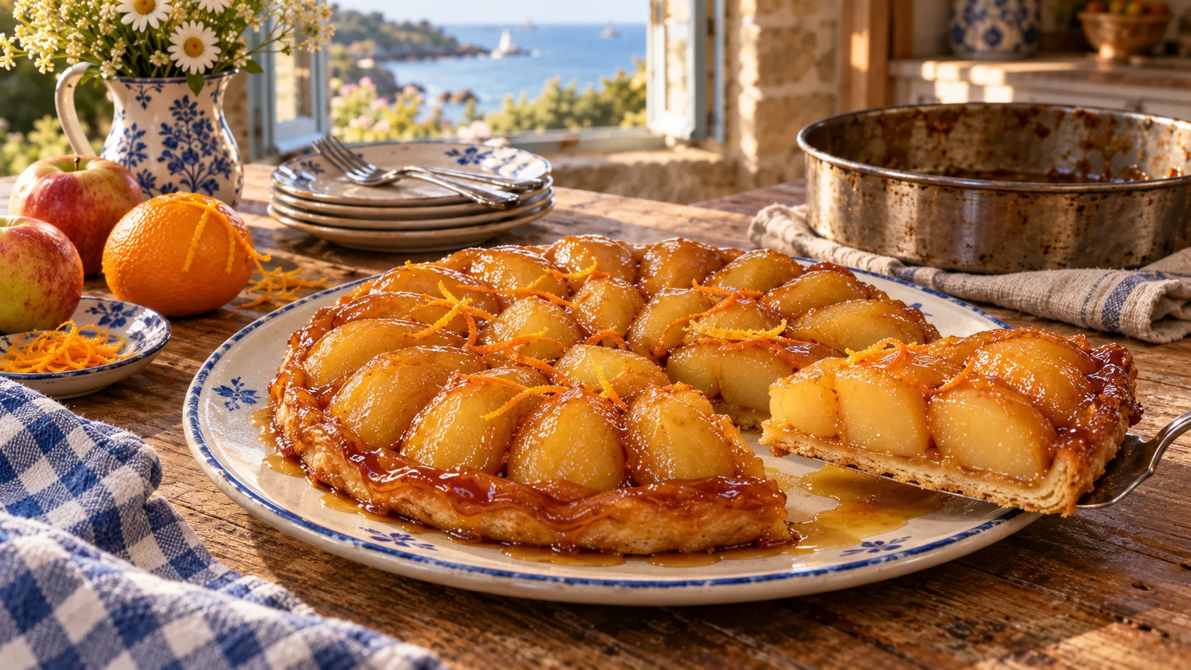 Tarte Tatin retournée sur un plat en faïence, quartiers de pommes en couronne nappés de caramel brun clair et de zeste d'orange, une part soulevée, le moule vide sur un torchon de lin à l'arrière