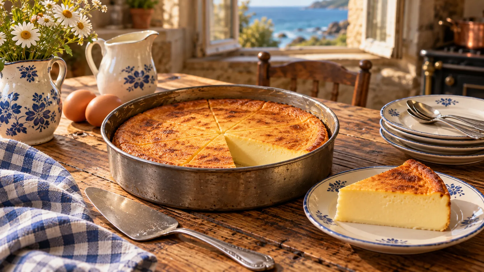 Flan à l'ancienne dans son moule en métal, dessus doré tacheté de brun, une part posée sur une assiette en faïence montrant une texture ferme et crémeuse, sans fond de pâte