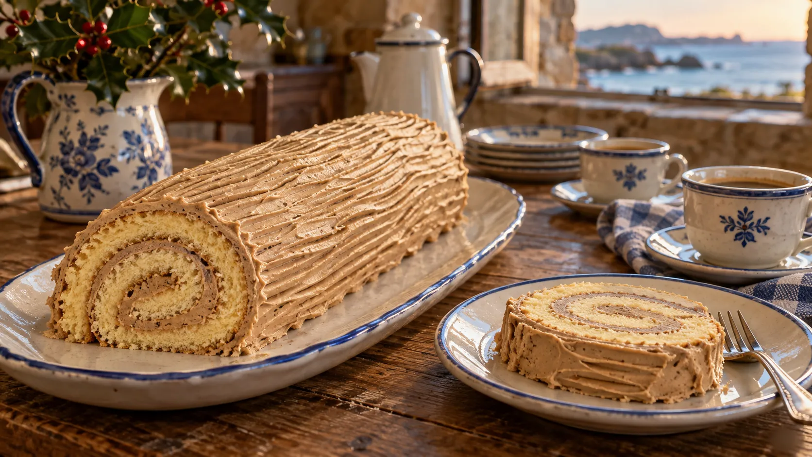 Bûche au café striée à la fourchette sur un plat long à liseré bleu, l'extrémité coupée montrant la spirale du biscuit et de la crème, une tranche posée à plat sur une assiette