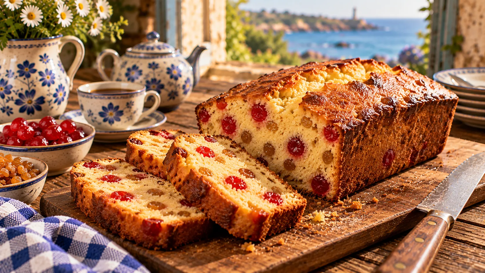 Cake doré fendu sur le dessus, posé sur une planche, trois tranches coupées laissant voir les cerises confites rouges et les raisins blonds répartis dans la mie, théière et bol de cerises à côté