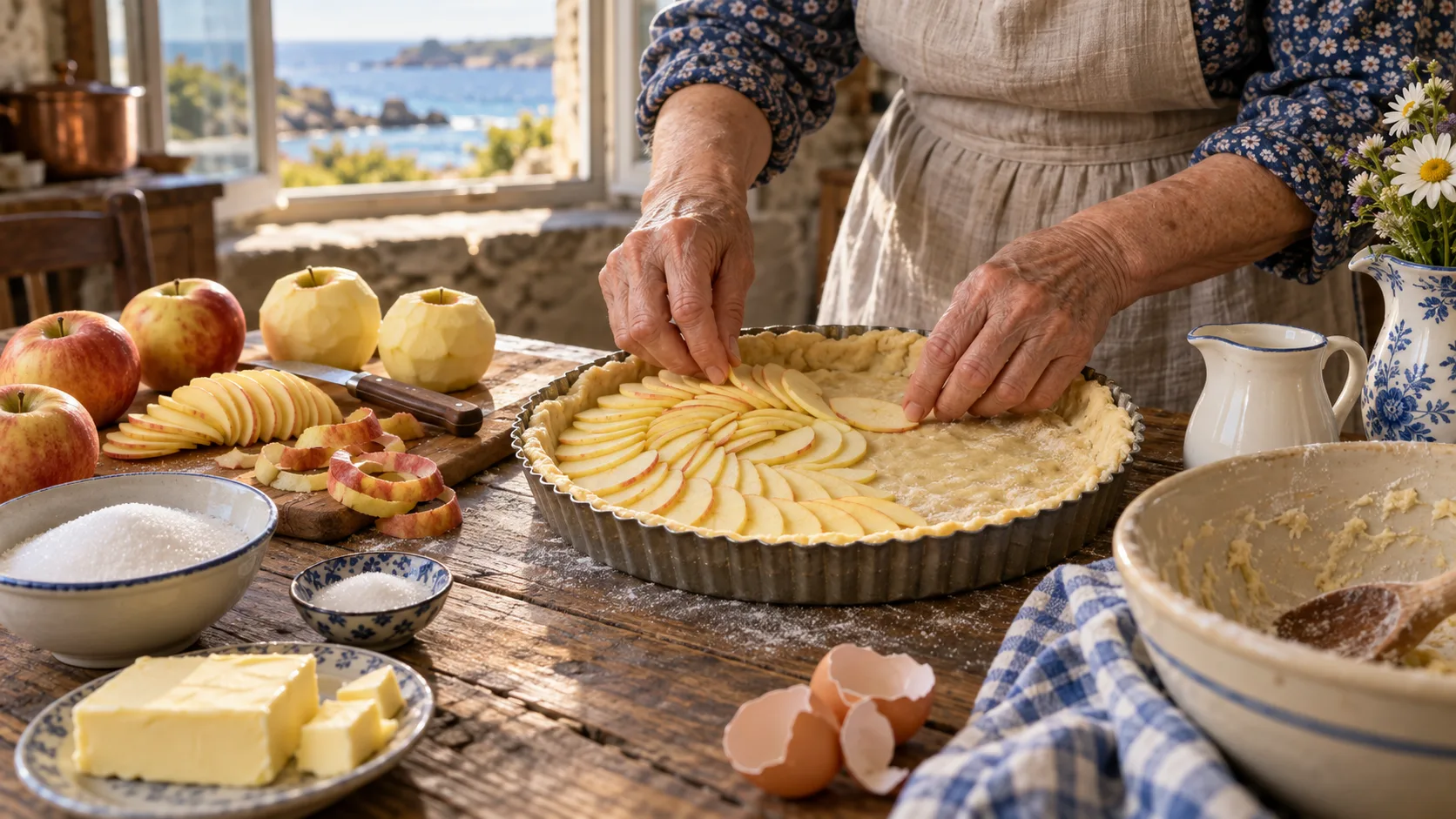 Mains disposant des lamelles de pommes en rosace sur une pâte étalée à la main dans un moule à tarte en métal, pommes épluchées et coupées, sucre, beurre et saladier de pâte sur une table en bois