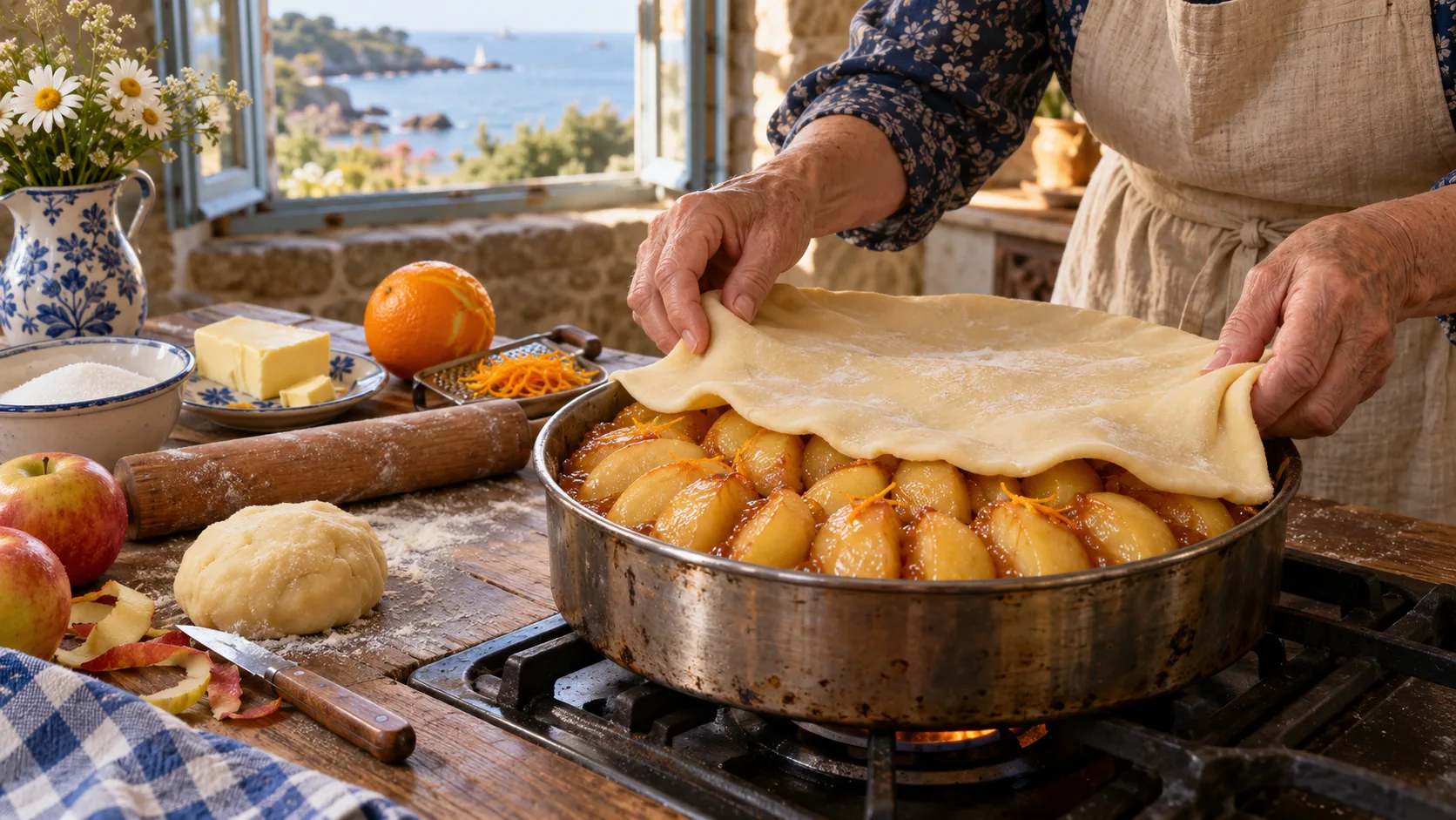 Mains posant un disque de pâte crue sur des quartiers de pommes caramélisés, serrés dans un moule en métal posé sur la flamme, orange râpée, beurre, sucre, rouleau à pâtisserie et reste de pâte sur une table en bois