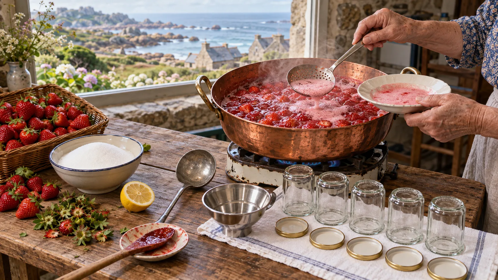 Main écumant la mousse rose d'une confiture de fraises qui bout dans une bassine en cuivre sur un réchaud, corbeille de fraises, sucre, citron, louche, entonnoir et pots vides alignés sur un torchon