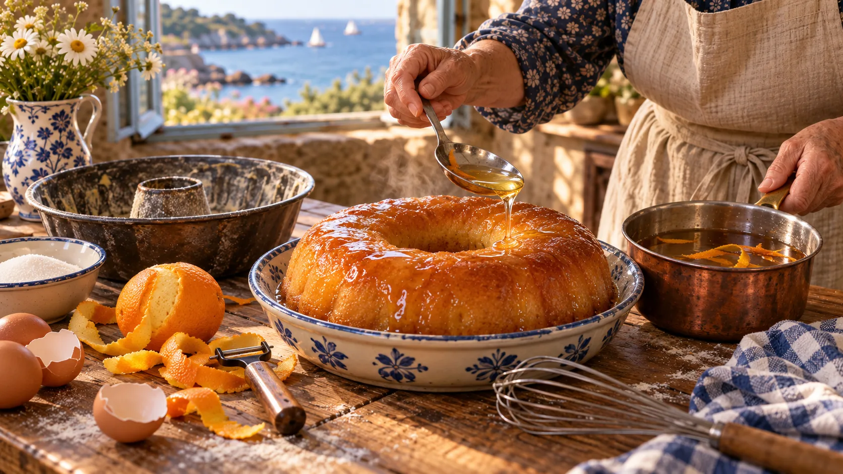 Mains arrosant à la cuillère de sirop limpide un gâteau baba en couronne posé dans un plat en faïence bleue, casserole de sirop aux rubans de zeste d'orange, moule vide, orange épluchée et œufs sur une table en bois