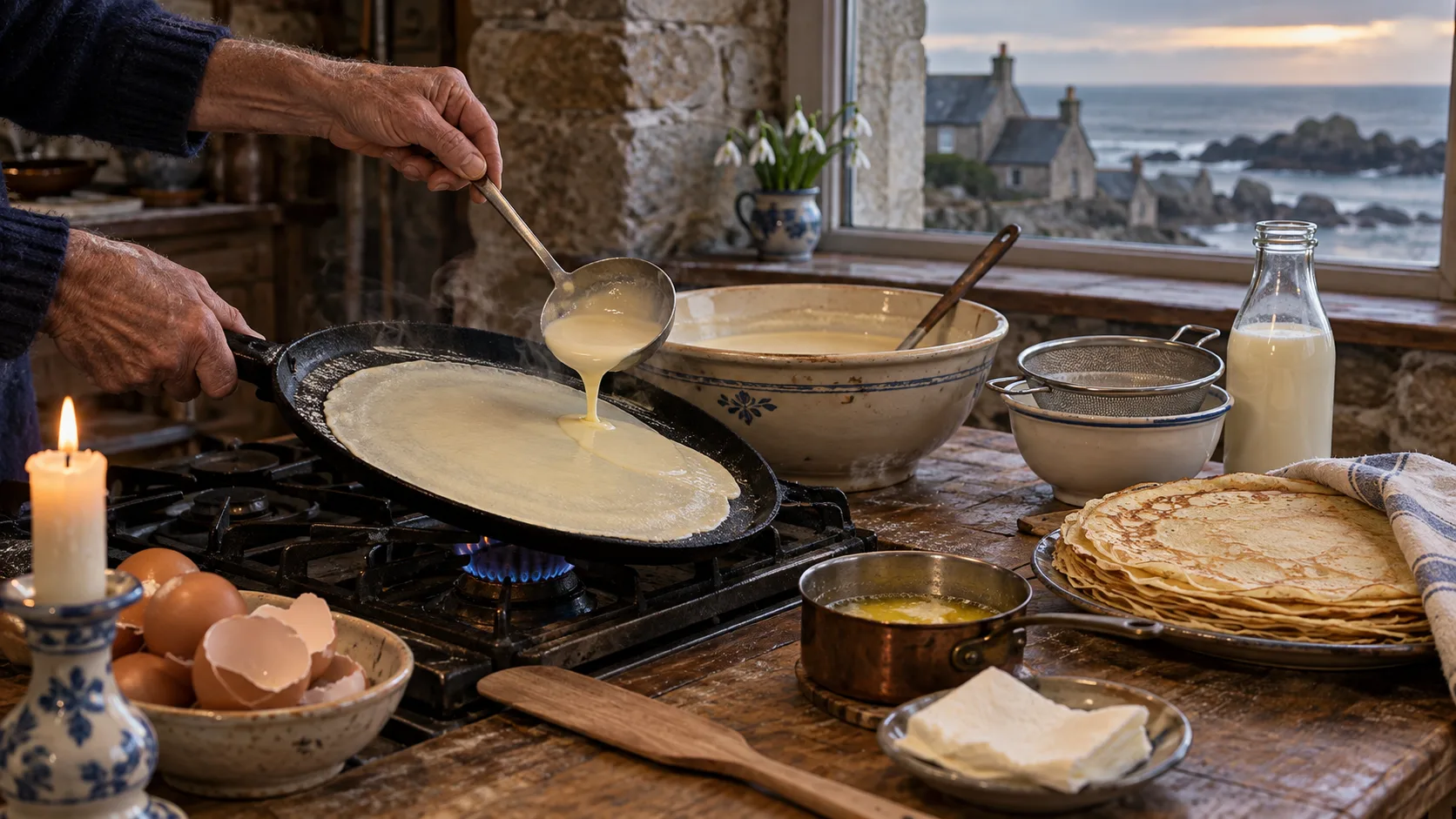 Main versant une louche de pâte dans une crêpière en fonte inclinée, saladier de pâte lisse, chinois, beurre demi-sel fondu, pile de crêpes sous un torchon, œufs et lait, bougie allumée de la Chandeleur