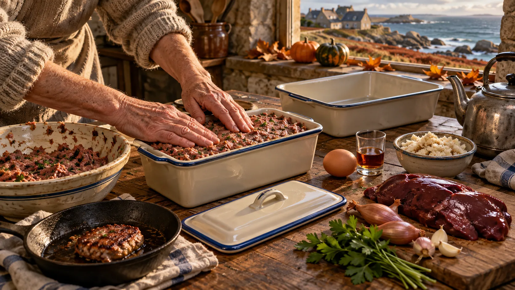Mains tassant à plat la farce de pâté dans une terrine en faïence, saladier de farce, galette de goût dans une poêle, foie de porc, eau-de-vie, œuf, mie de pain, échalotes, ail, persil et plat pour le bain-marie