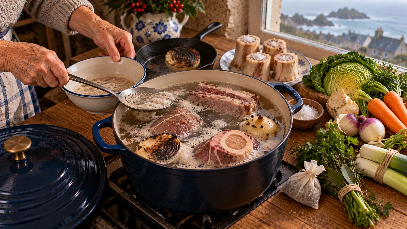 Mains écumant à la louche une marmite où cuisent trois morceaux de bœuf avec un oignon brûlé et un oignon piqué de girofle, os à moelle salés, bouquet garni, sachet d'épices, chou, navets, carottes et poireaux