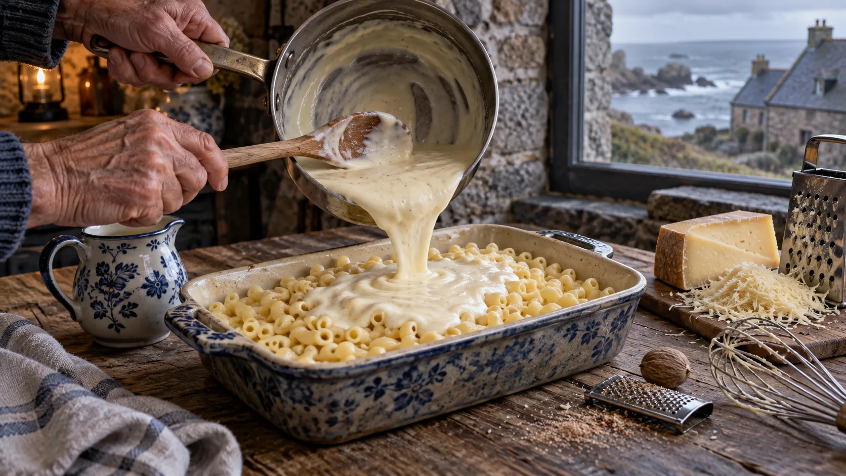 Mains versant une béchamel d'une casserole sur des macaronis dans un plat à gratin en faïence bleue et blanche, morceau de gruyère avec sa râpe, noix de muscade, fouet et pot à lait