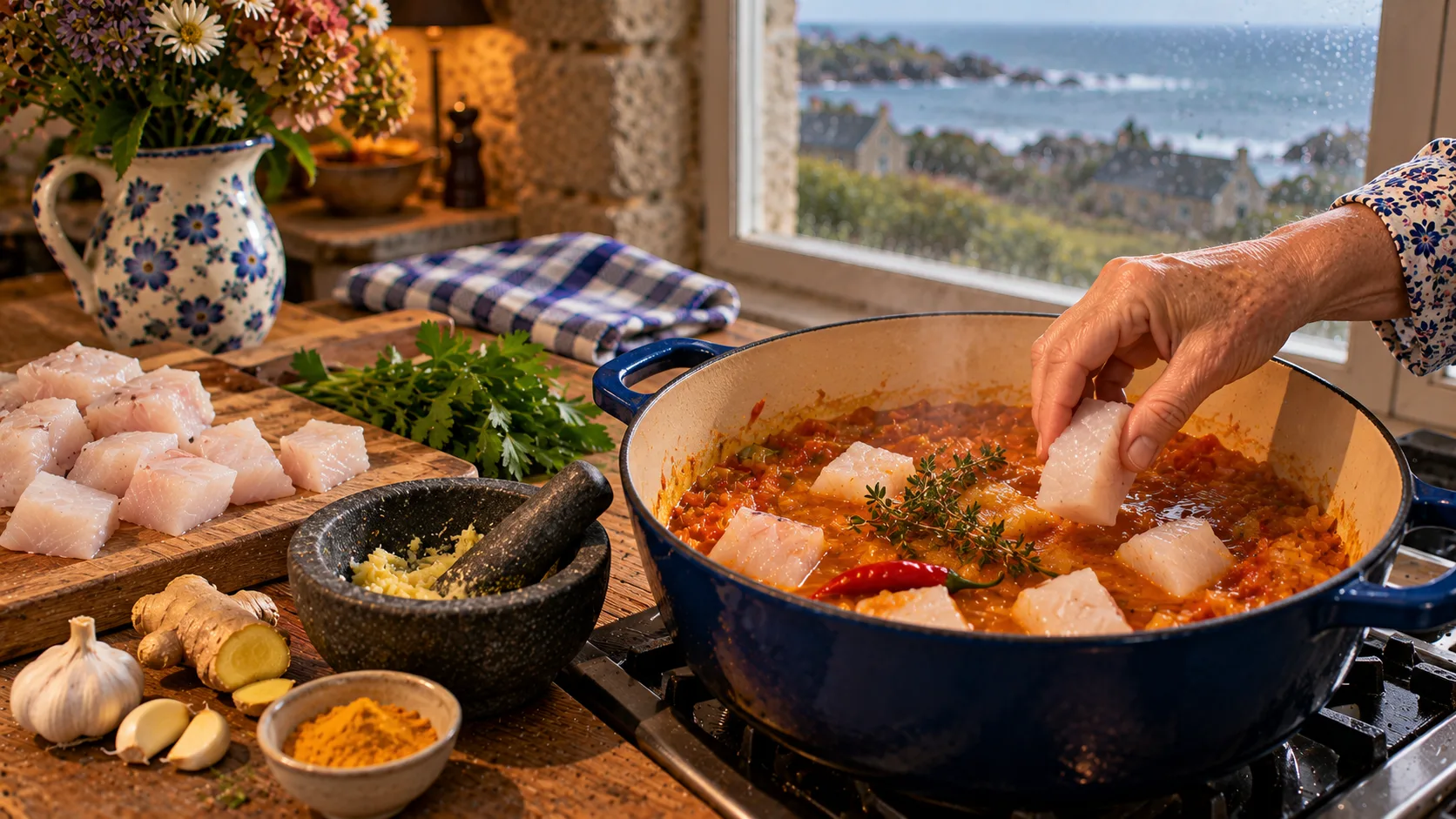Main déposant des cubes de poisson blanc sans peau dans une sauce tomate au curcuma avec thym et piment, cocotte bleue sur le feu, mortier de pâte d'ail et gingembre, curcuma, gingembre, ail et persil plat