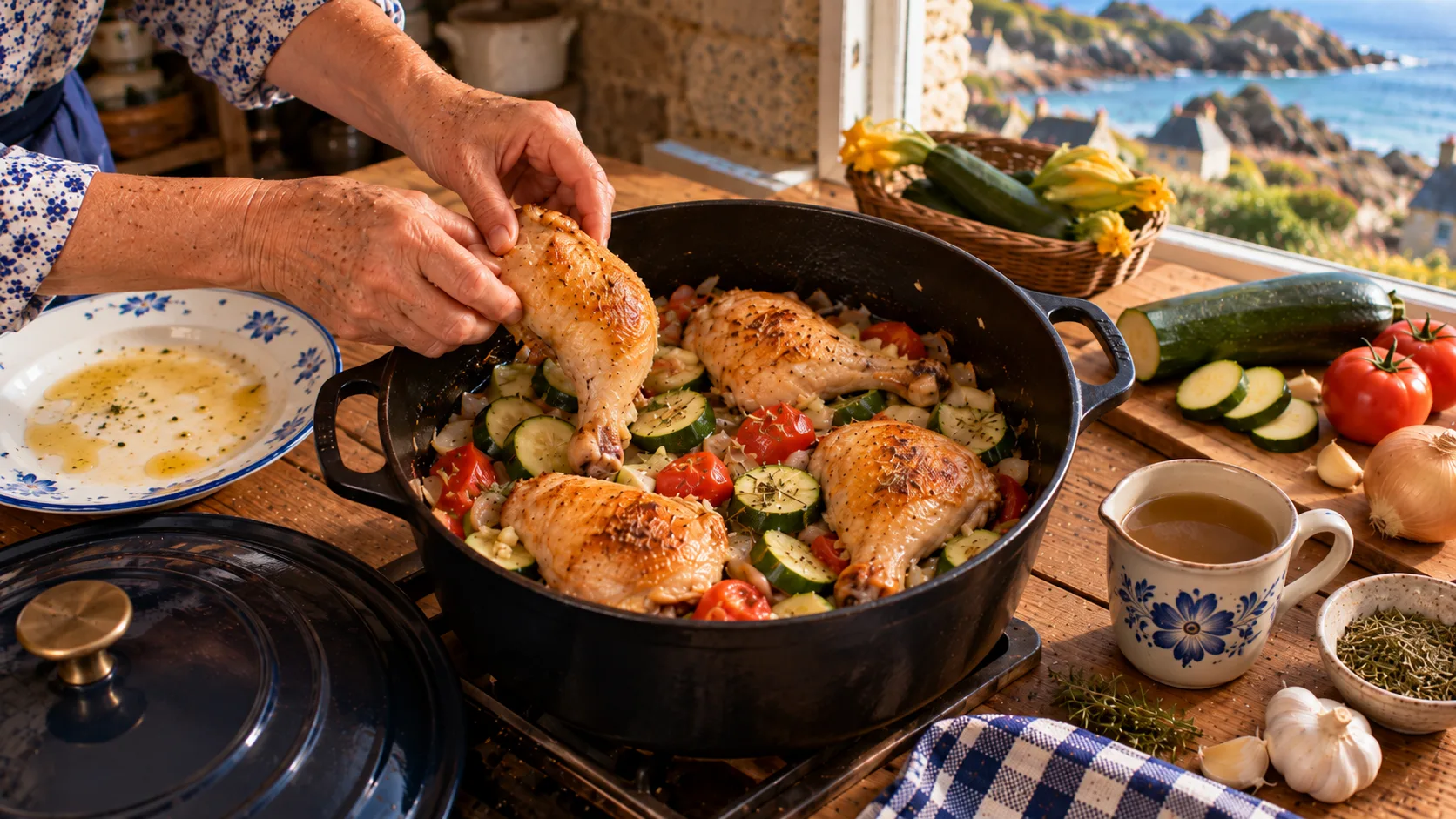 Mains reposant des cuisses de poulet dorées sur des rondelles de courgette, des tomates et de l'oignon dans une cocotte en fonte, tasse de bouillon, herbes, ail et panier de courgettes en fleur