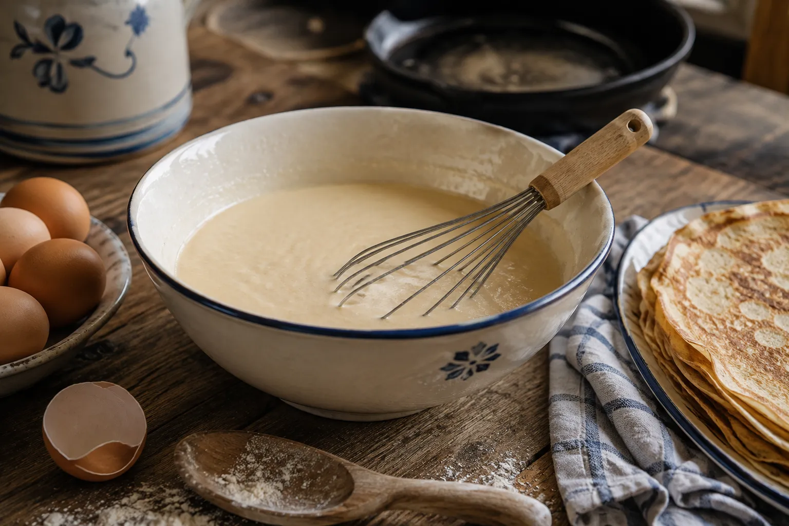 Grand bol de pâte à crêpes crue avec un fouet, œufs et cuillère de farine sur une table en bois, pile de crêpes cuites dorées à droite