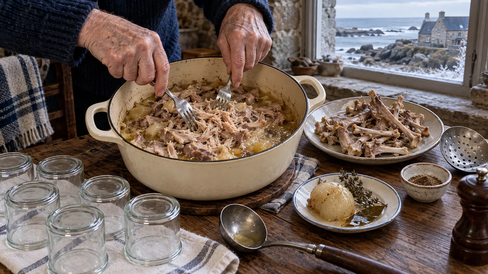 Mains effilochant à deux fourchettes le lapin et la poitrine cuits dans leur graisse, cocotte crème, assiette d'os retirés, oignon, thym et laurier sortis de la cuisson, quatre-épices et pots vides