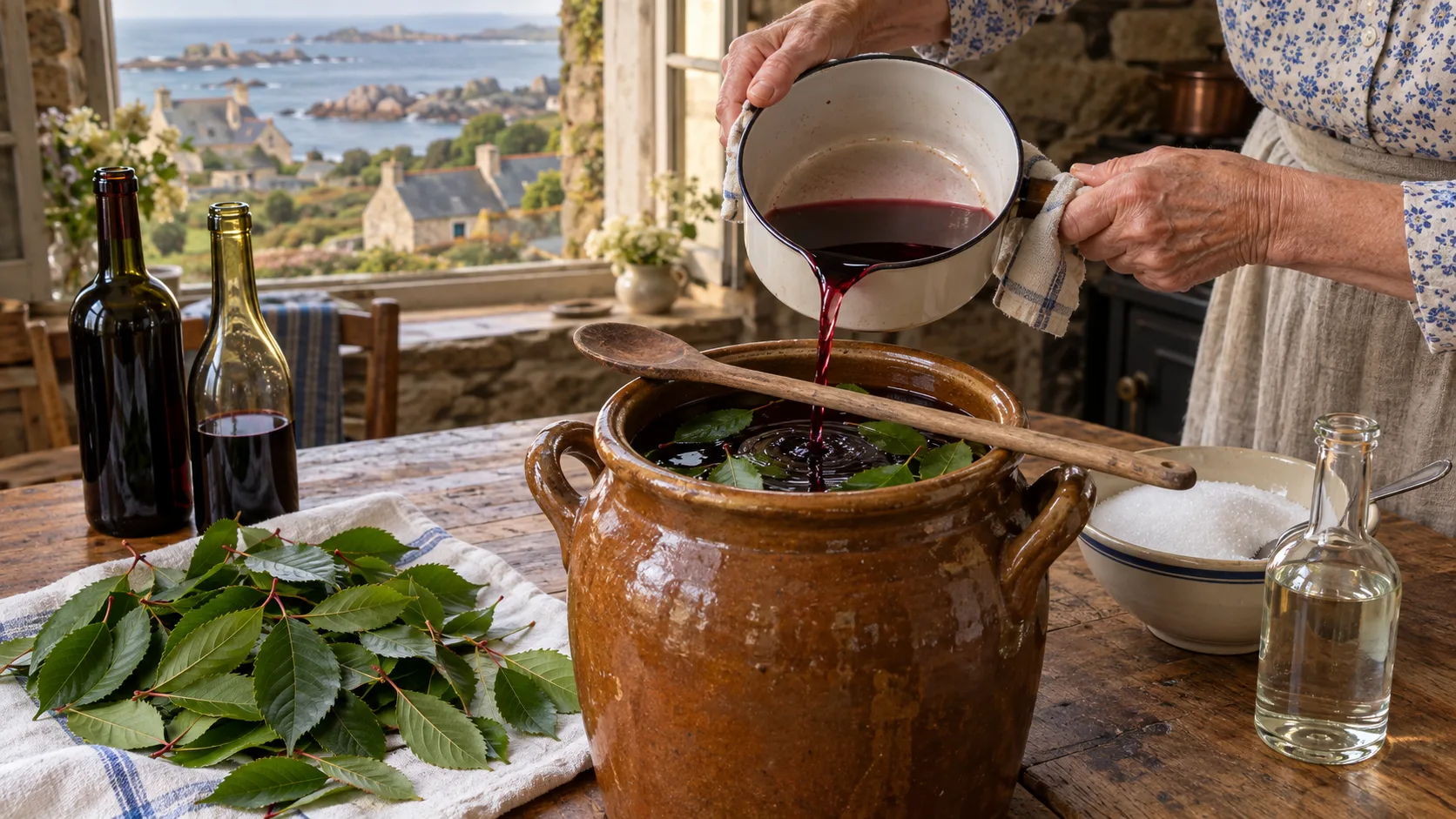 Mains versant du vin rouge sucré d'une casserole émaillée dans une jarre en grès où baignent des feuilles de guignier, feuilles dentées sur un torchon, bouteilles de vin, sucre et alcool sur une table en bois
