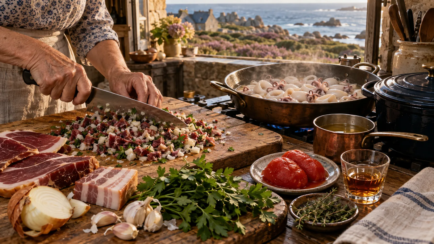 Mains hachant au couteau un hachis de jambon de Bayonne, lard, oignon, ail et persil sur une planche, sauteuse d'anneaux de chipirons sur le feu, tomates pelées, vin blanc, cognac et thym