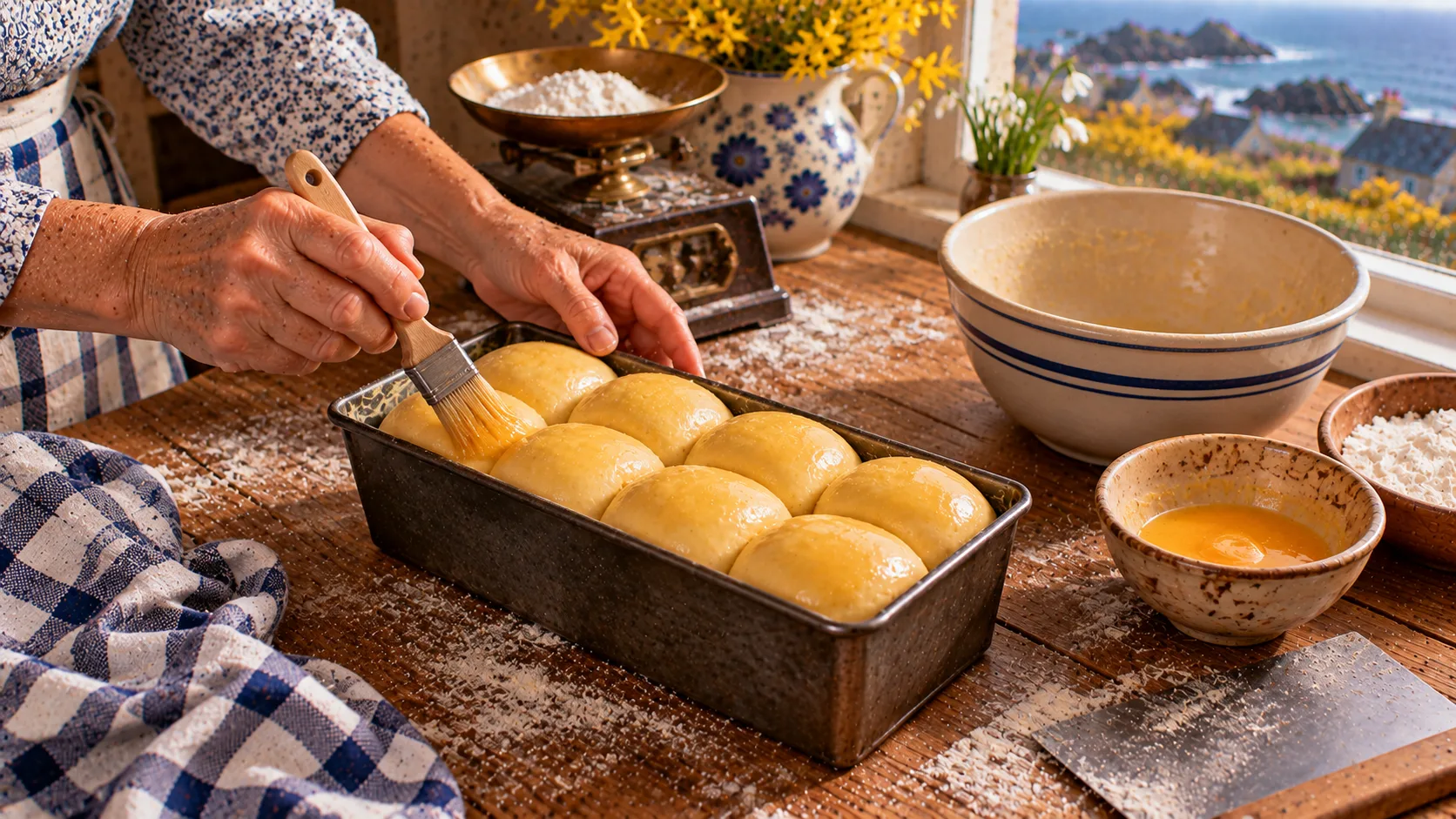 Mains passant la dorure au pinceau sur huit boules de pâte à brioche en deux rangées de quatre dans un moule à cake, balance ancienne, corne, farine et bol de jaune d'œuf