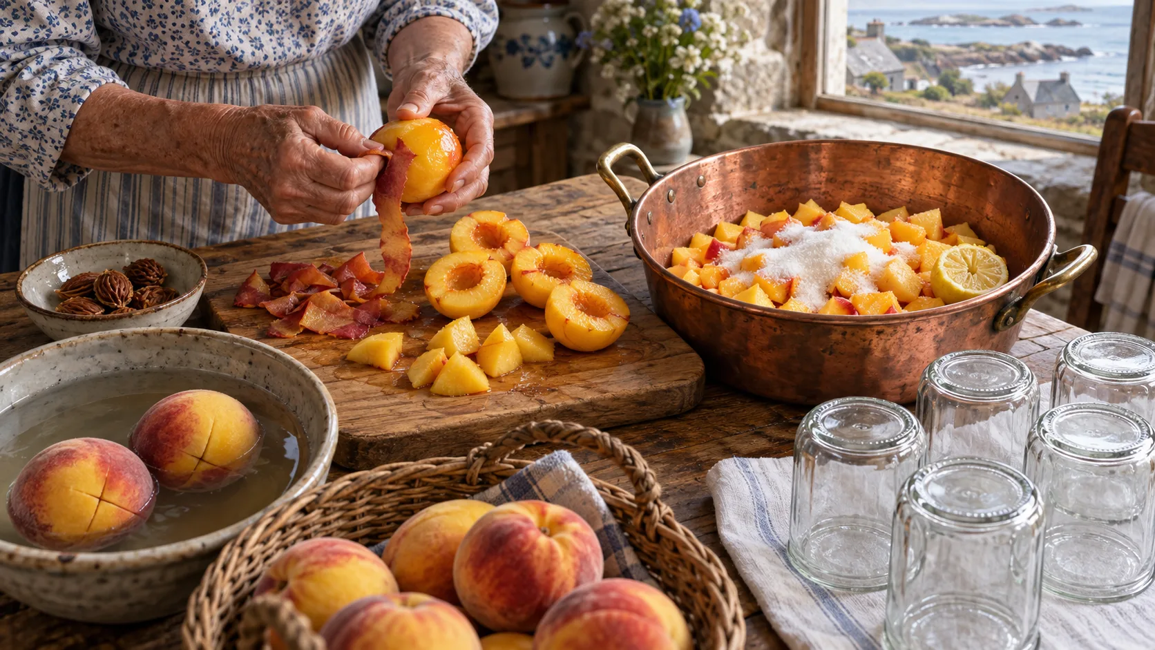 Mains pelant une pêche jaune ébouillantée, moitiés dénoyautées et morceaux sur une planche, pêches incisées dans l'eau froide, bassine en cuivre de morceaux de pêche au sucre et citron, pots vides retournés