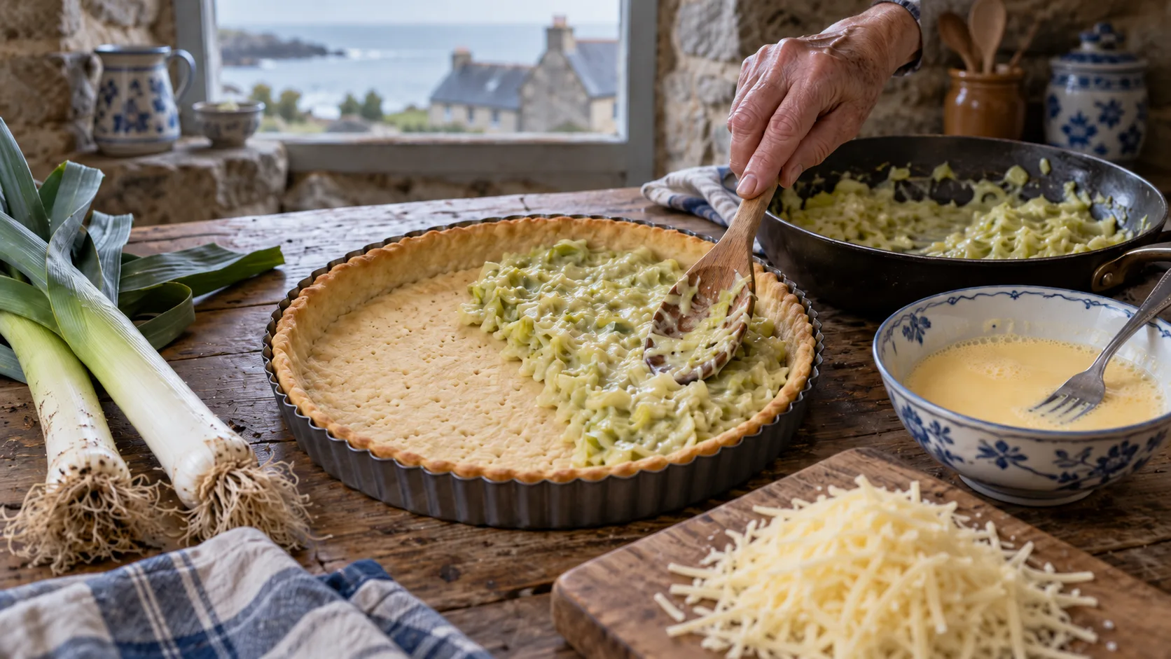Main répartissant à la cuillère en bois une fondue de poireaux sur un fond de pâte brisée précuit dans un moule à tarte en métal, sauteuse de poireaux fondus, bol d'œufs battus à la crème, poireaux entiers et gruyère râpé
