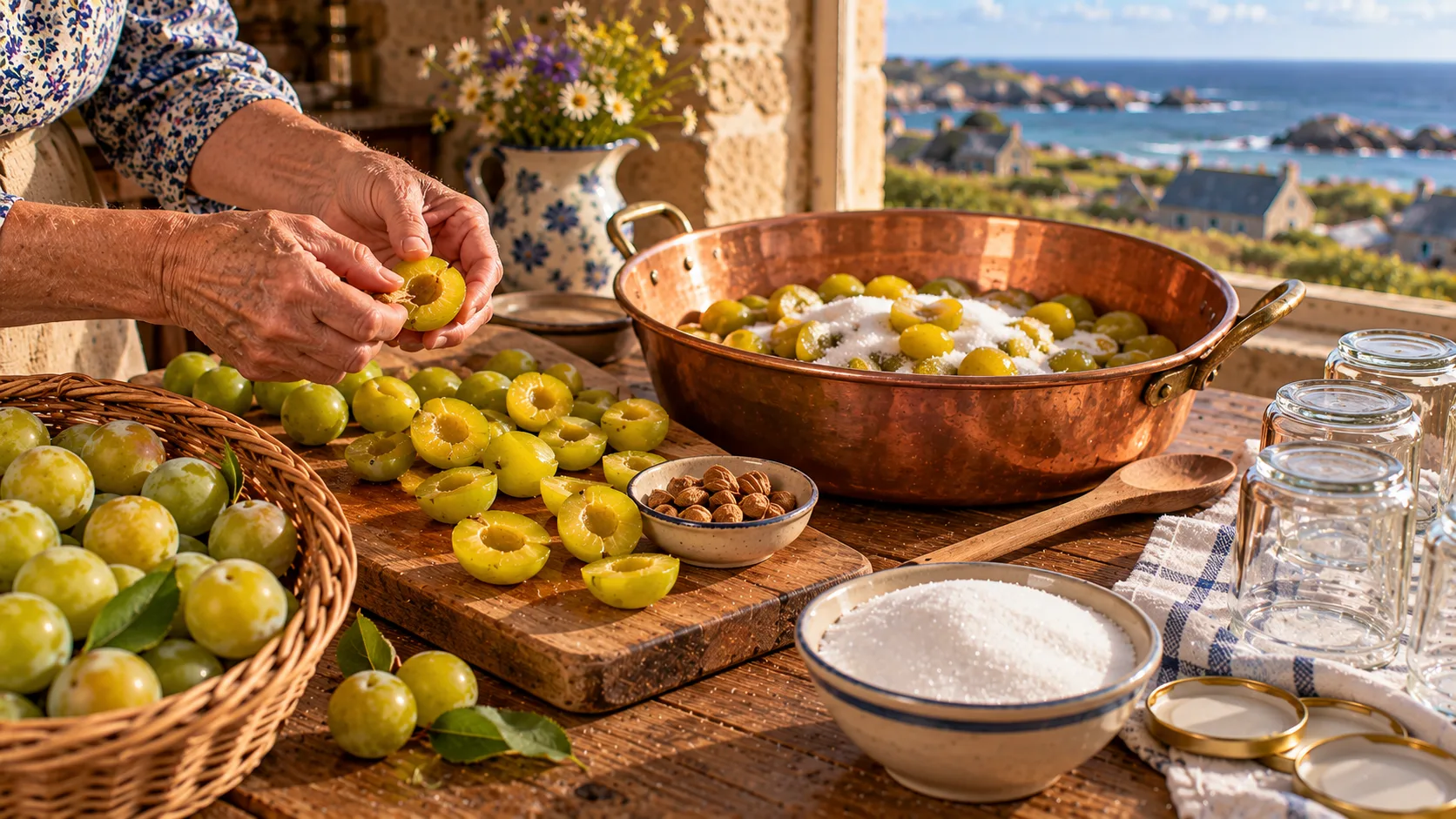 Mains ouvrant une reine-claude pour en retirer le noyau, demi-prunes vertes dénoyautées sur une planche, coupelle de noyaux, bassine en cuivre de fruits au sucre, corbeille de reines-claudes et pots retournés