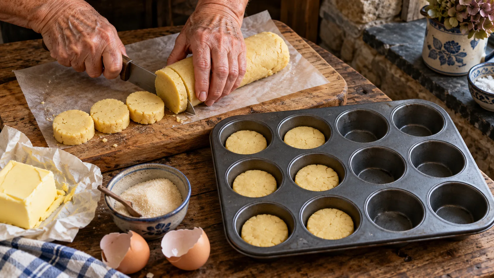 Mains coupant au couteau un boudin de pâte à palets en tranches épaisses sur une planche, moule à muffins en métal dont six empreintes sont déjà garnies d'une tranche, motte de beurre et bol de sucre