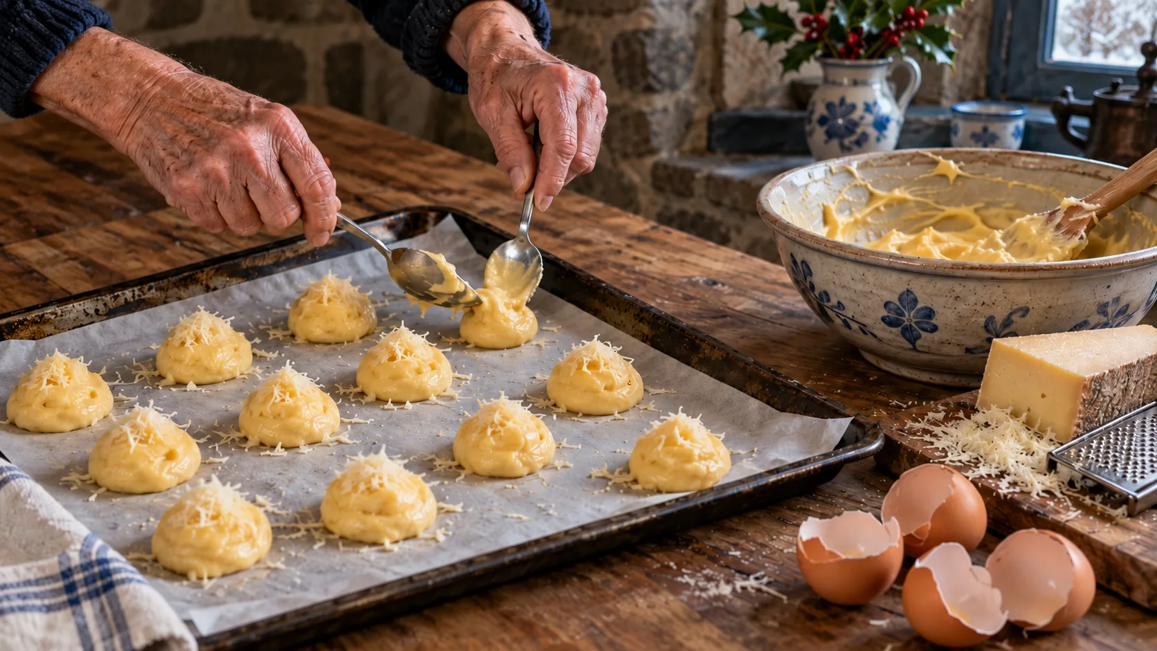 Mains déposant à deux cuillères des noix de pâte à choux sur une plaque couverte de papier cuisson, parsemées de fromage râpé, saladier de pâte, morceau de comté et coquilles d'œufs