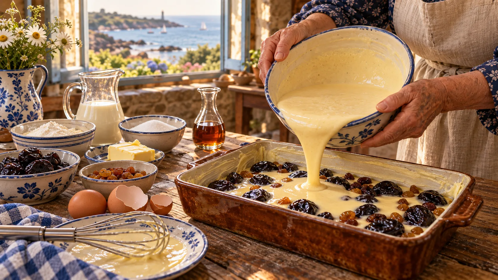 Mains versant une pâte lisse et jaune pâle d'un saladier en faïence dans un plat en terre beurré garni de pruneaux et de raisins secs, farine, sucre, lait, carafe de rhum, beurre et œufs sur une table en bois