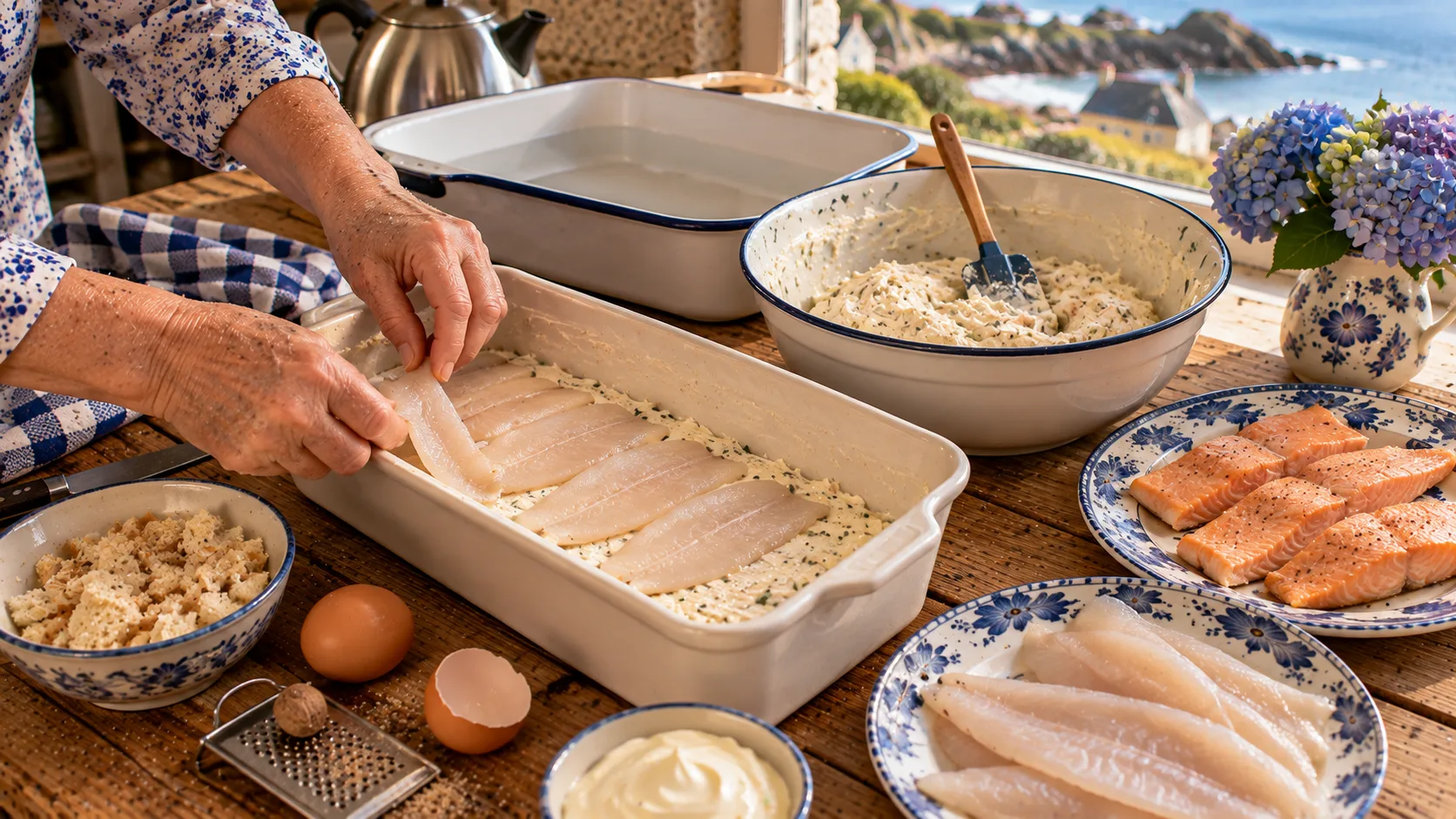 Mains posant des filets de sole sur une couche de farce blanche dans un moule à terrine, saladier de farce, saumon, filets de sole, mie de pain, œufs, muscade et plat pour le bain-marie