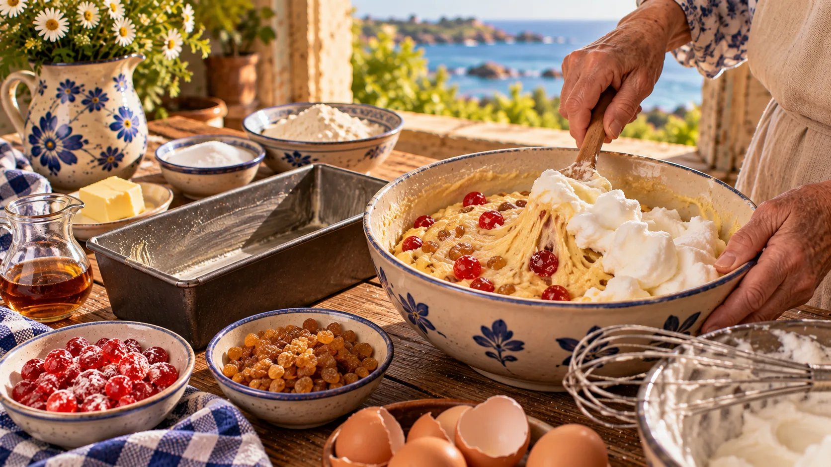 Mains incorporant à la spatule des blancs en neige dans une pâte à cake garnie de cerises confites rouges et de raisins blonds, moule à cake vide, rhum, cerises farinées, raisins, beurre et œufs sur une table en bois