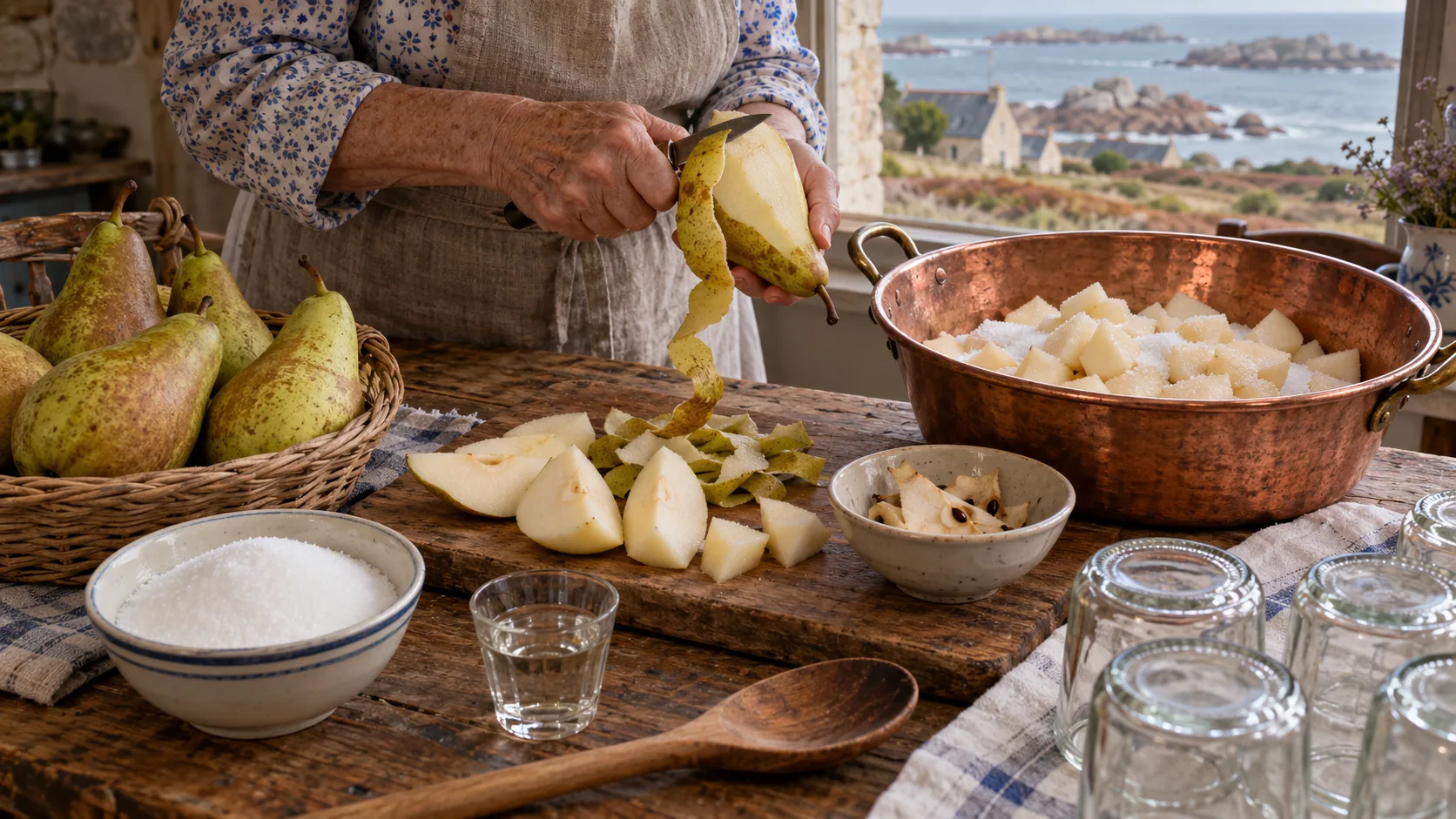 Mains pelant au couteau une poire de curé allongée dont la pelure pend en ruban, quartiers pelés sur une planche, cœurs et pépins dans une coupelle, bassine en cuivre de morceaux au sucre, verre de vinaigre et corbeille de poires