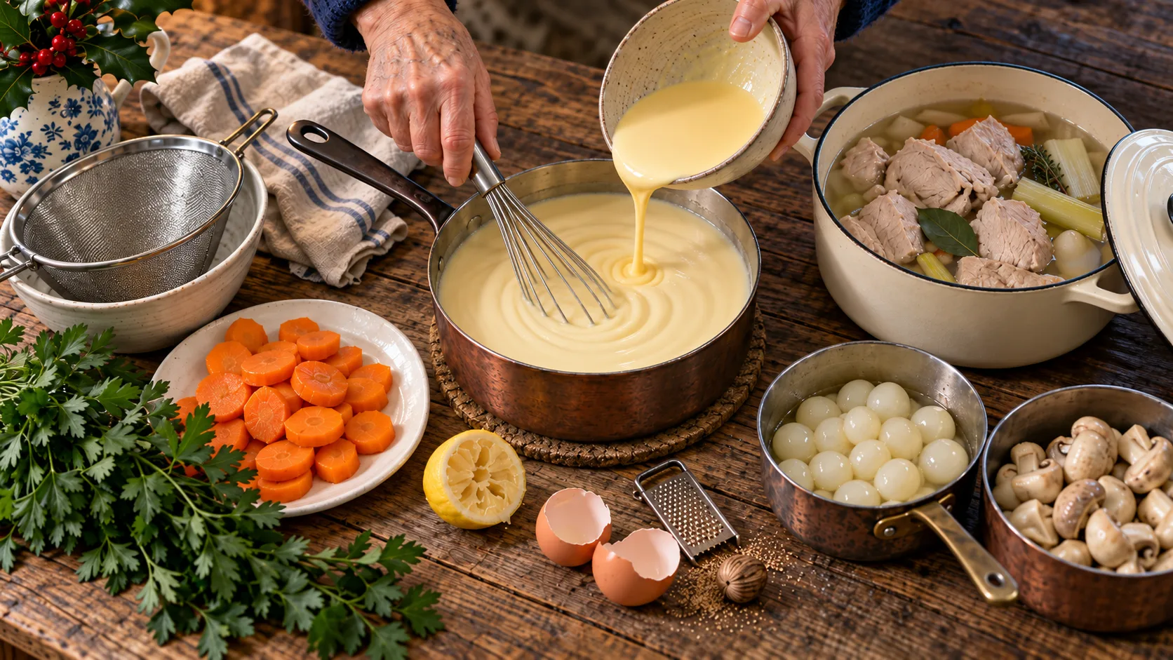 Mains versant la liaison de crème et de jaunes dans un velouté ivoire hors du feu, cocotte de veau poché, oignons grelots et champignons blancs, carottes en rondelles, citron pressé et muscade