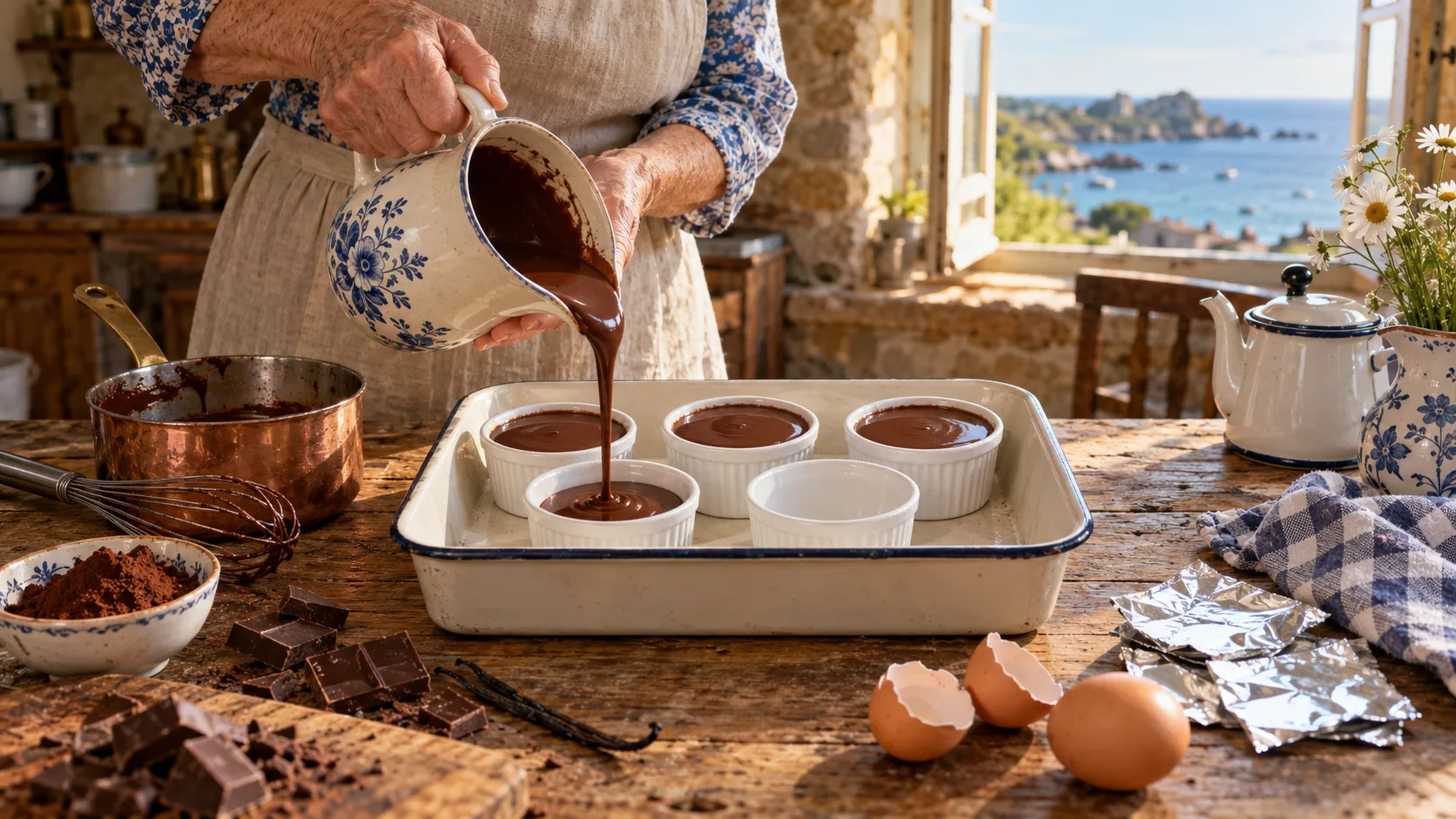 Mains versant une crème au chocolat lisse d'un pot en faïence dans cinq ramequins blancs posés dans un plat à four, casserole en cuivre, cacao, chocolat noir cassé, gousse de vanille, œufs et carrés d'aluminium sur une table en bois