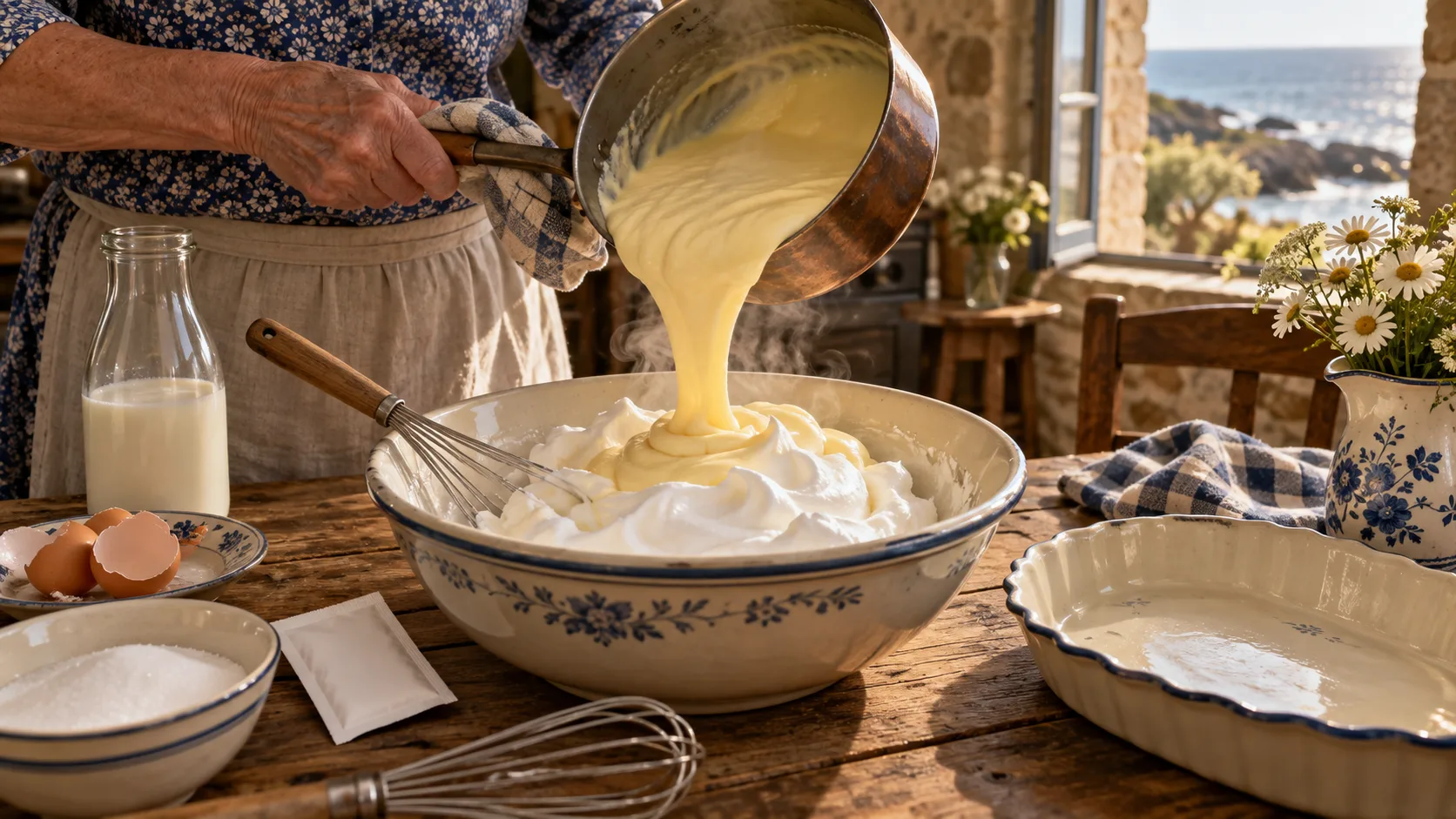 Mains versant une crème pâtissière jaune pâle et fumante d'une casserole en cuivre sur des blancs montés en neige ferme dans un saladier en faïence bleue, lait, œufs cassés, sucre et plat vide sur une table en bois