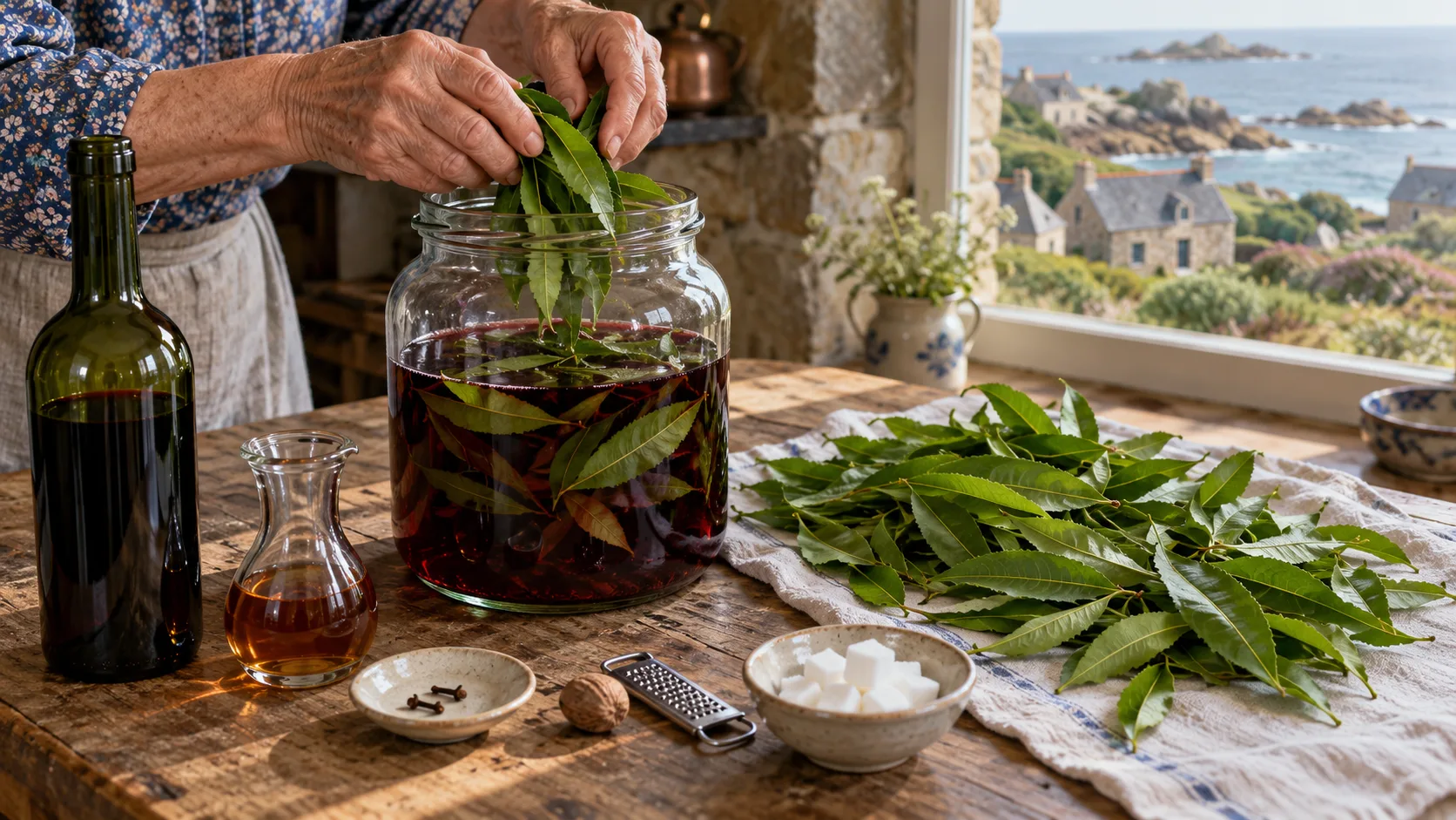 Mains glissant des feuilles de pêcher entières dans un bocal de vin rouge où d'autres feuilles macèrent, feuilles lavées étalées sur un torchon de lin, cognac, clous de girofle, muscade, râpe et sucre en morceaux sur une table en bois