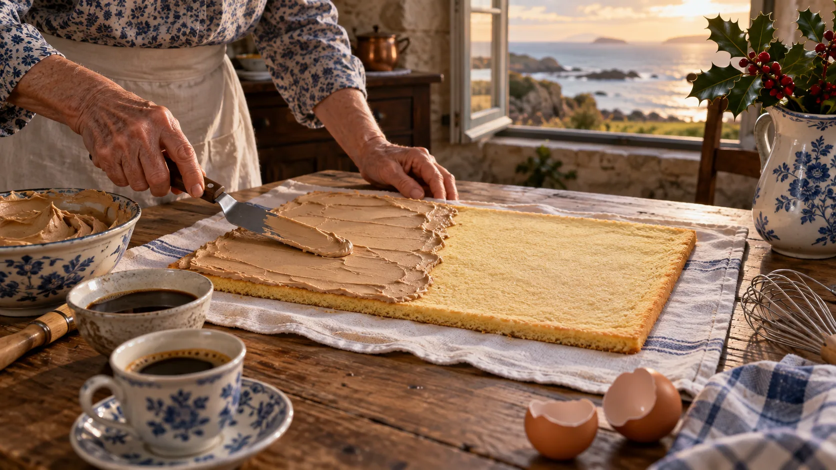 Mains étalant à la spatule une crème au beurre au café couleur noisette sur une fine feuille de biscuit blond posée à plat sur un torchon de lin, la moitié encore nue, bol de crème et tasses de café sur une table en bois